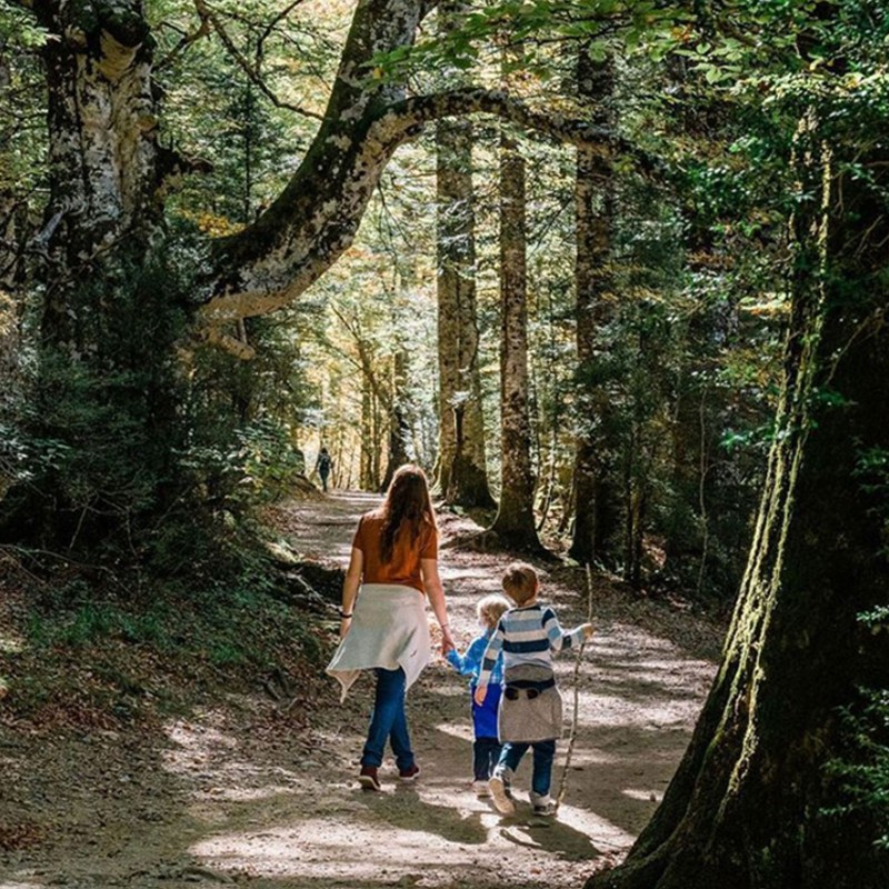 A mom and 2 kids hiking on a trail together with 2 other hikers in the distance.