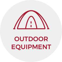 Red line illustration of a tent and the word "equipment."