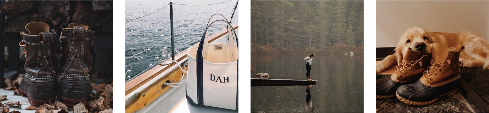 4 images - a pair of bean boots, a Boat & Tote, a woman at the end of a dock, and a puppy sleeping on a pair of Bean Boots.