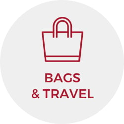 Red line illustration of a tote and the word "Bags & Travel."