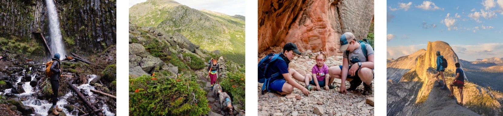 4 images of different people hiking in various settings.