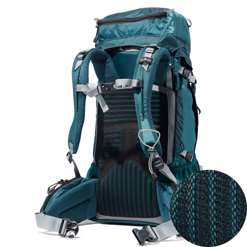 A large pack with built-in hydration sleeve with a detail view of the hydration tube opening.