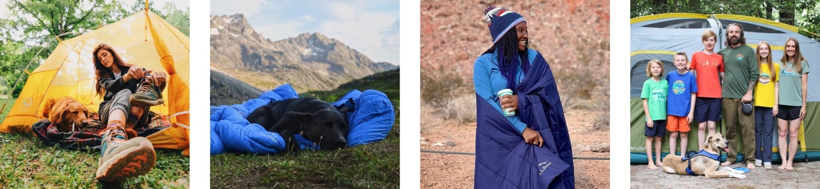 4 images of different people camping in various settings.