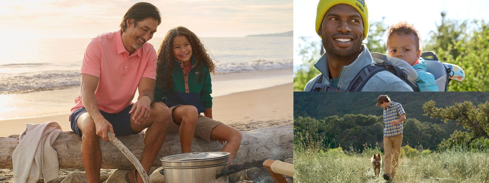 A collage of Dad's with kids or a dog in various outdoor settings.