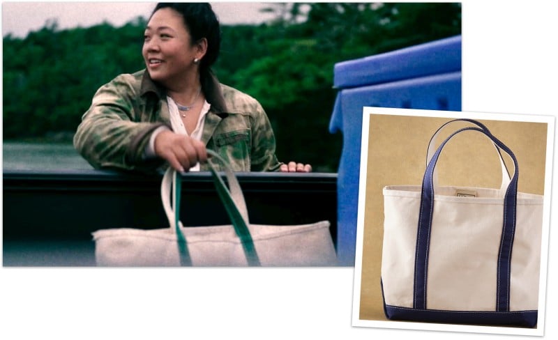 A woman on a boat holding a Boat and Tote and a tilted shot of a green-handled Boat & Tote.