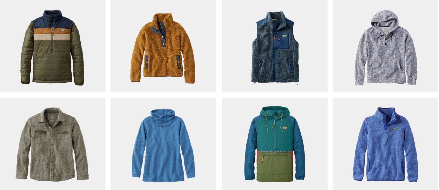 Grid of 8 sale apparel products including some outerwear, fleece and sweatshirts.