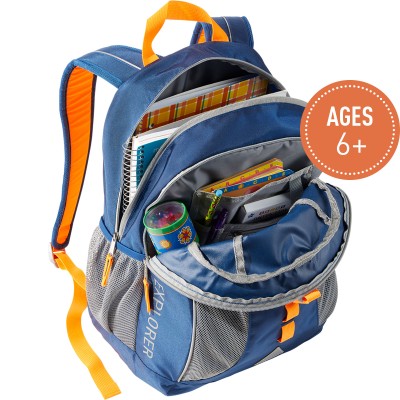 An Explorer Backpack, open to show contents, a circle with text Ages 6 plus.