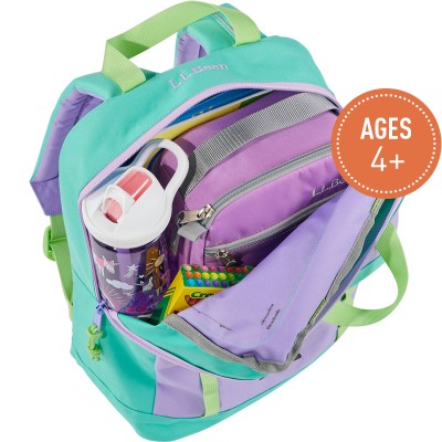 A Trailfinder Backpack, open to show contents, a circle with text Ages 4 plus.