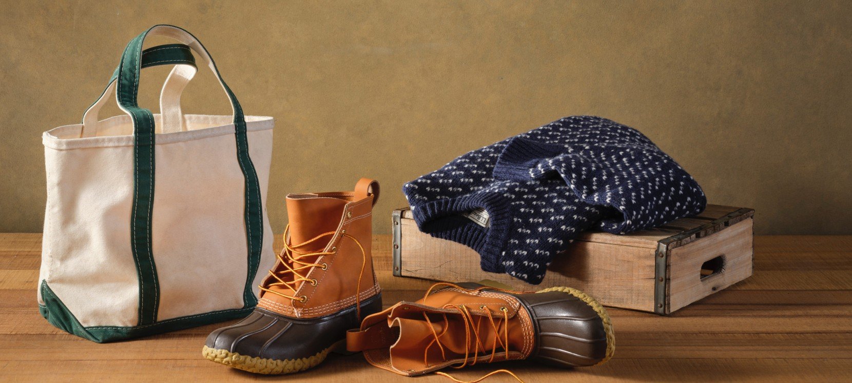 An L.L.Bean Boat & Tote, a pair of Bean Boots and a birdseye ragg wool sweater.