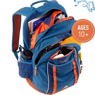 An Explorer Backpack, open to show contents, a circle with text Ages 6 plus.