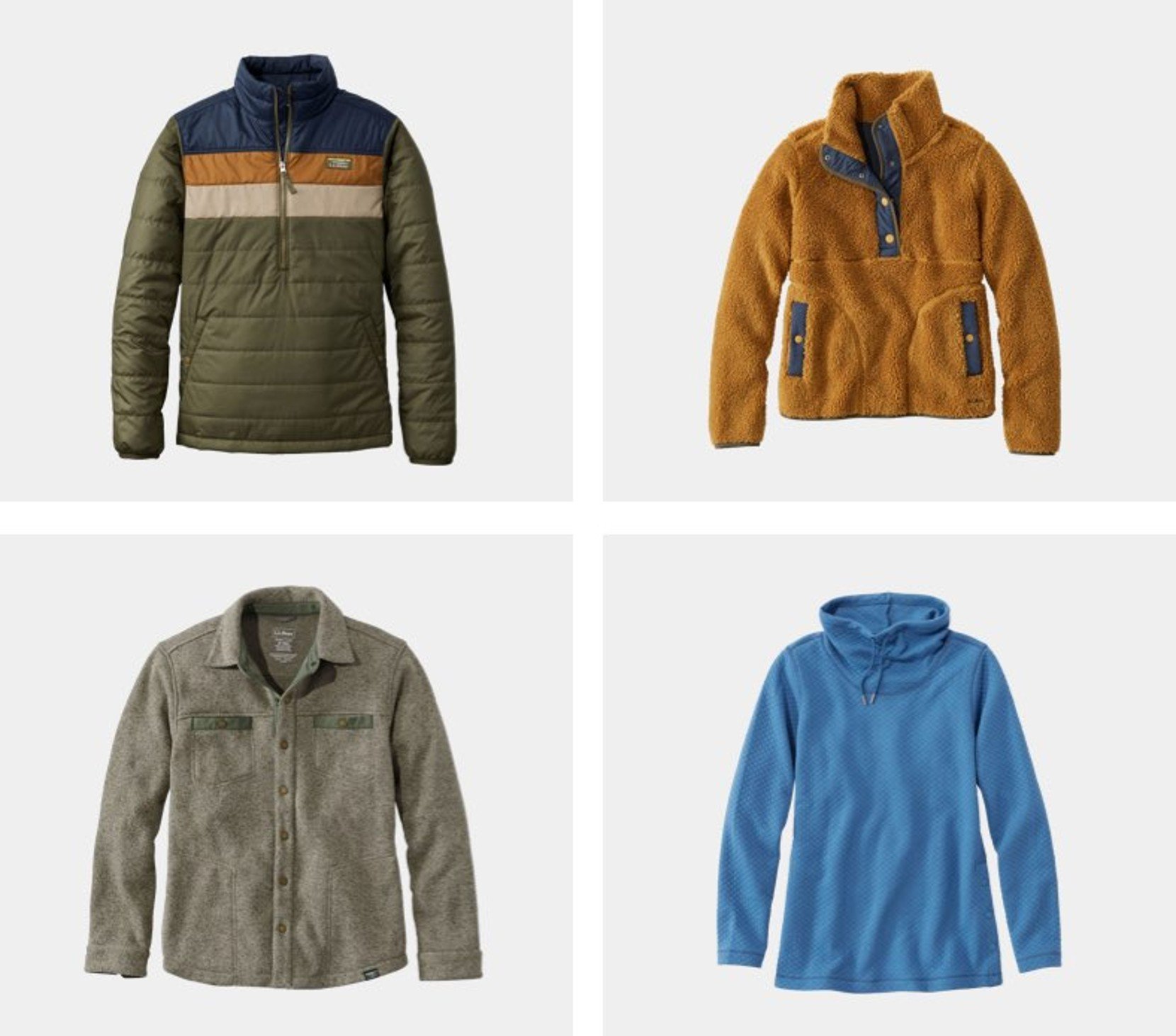 Grid of 4 sale apparel products including some outerwear, fleece and sweatshirts.