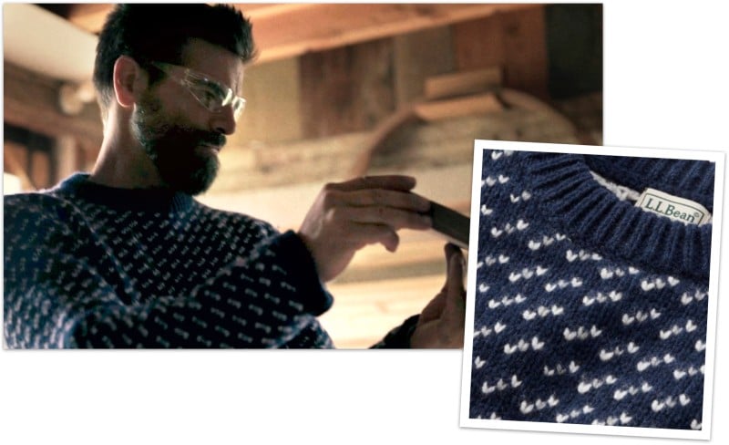 Close-up of a man looking at a piece of wood and a tilted close-up of a Ragg Wool Sweater.