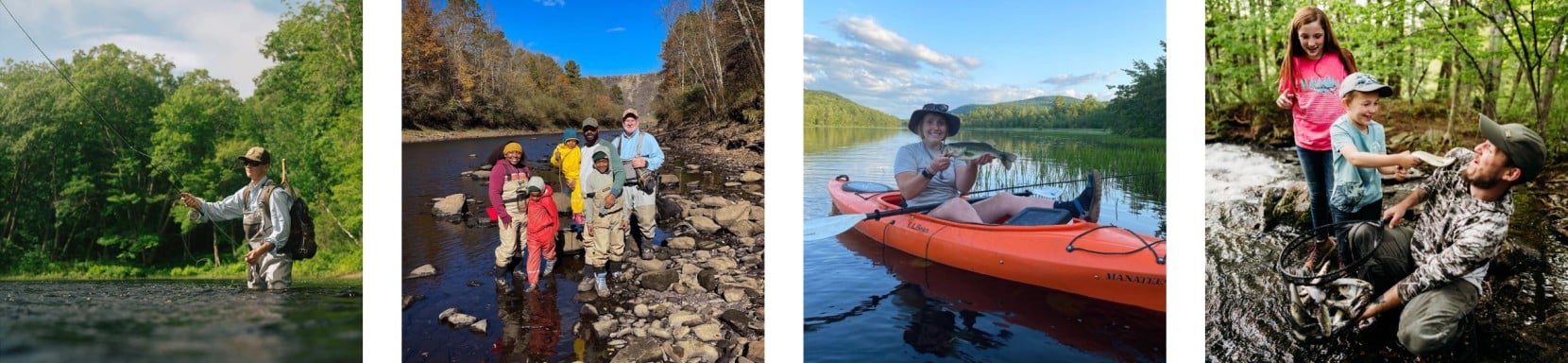 4 images of different people fishing in various settings.