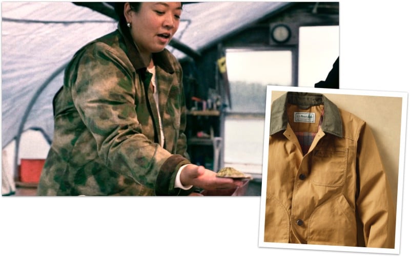 A woman holding an oyster and a tilted shot of a 1924 Field Coat.