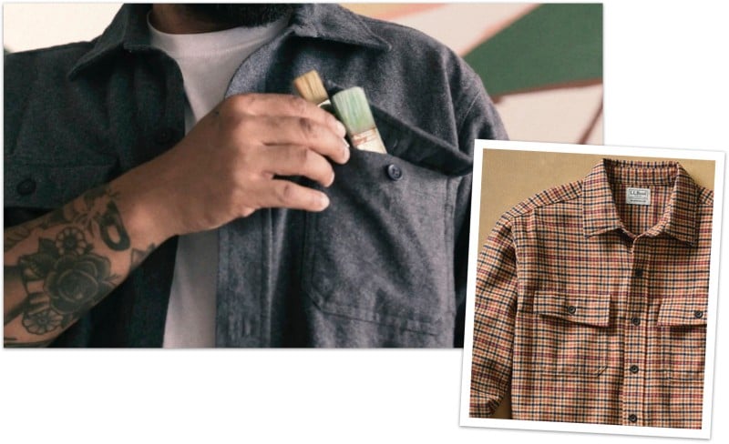 Close-up of a man reaching for a paintbrush in his chest pocket and a tilted shot of a plaid Chamois Shirt.