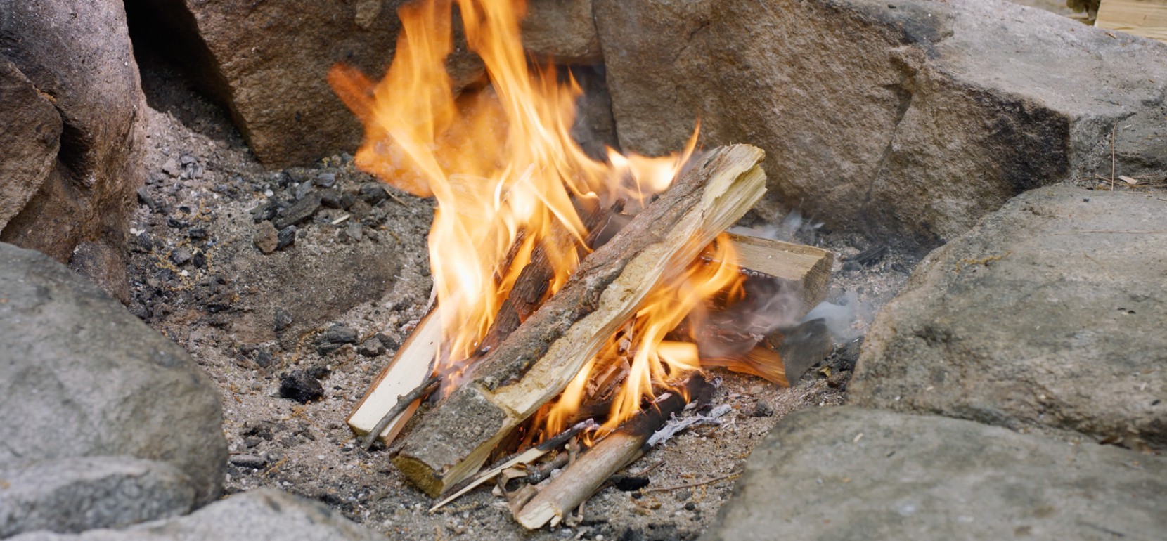 A nicely burning lean-to fire.