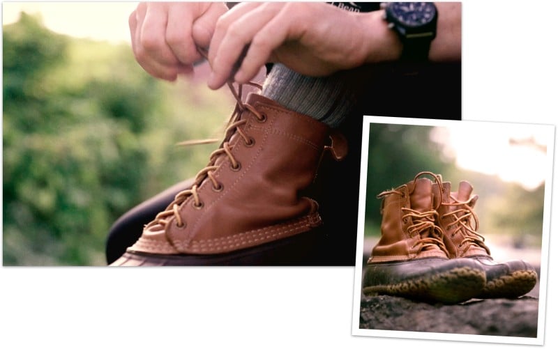 Close-up of someone tying their Bean Boot and a tilted shot of a pair of Bean Boots.